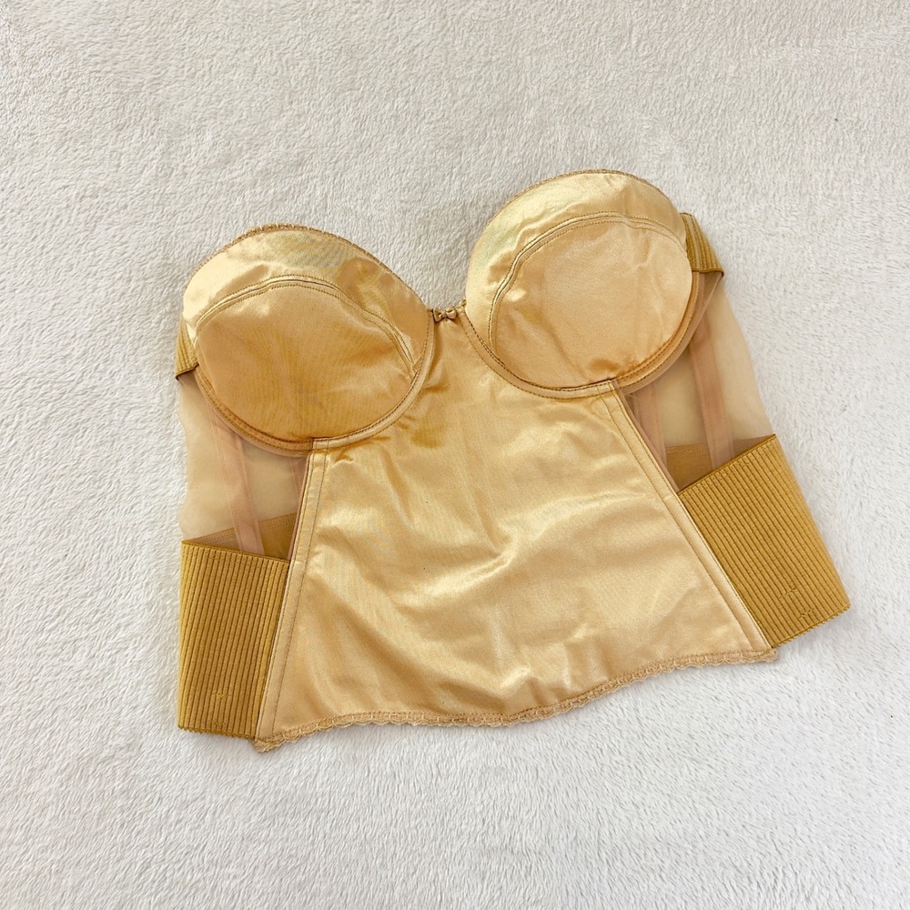 Vintage Coquette Gold Satin Longline Bustier Corset Boned Strapless Glam 40D